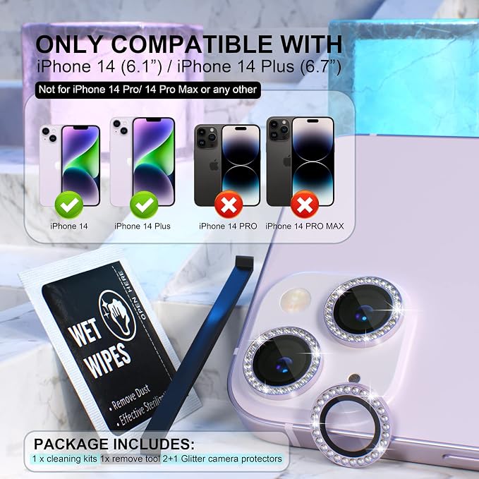 Choiche for iPhone 14/14 Plus Camera Lens Protector Bling, Diamond-Purple | Ultra HD, 9H Tempered Glass Camera Cover Screen Protector Metal Individual Ring Decoration Accessories, 2-Lens, 6.1/6.7-inch - Image 2