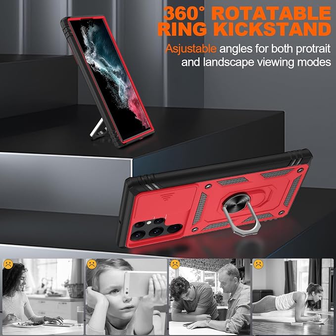 Gritup for Galaxy S22 Ultra Case Military-Grade Shockproof with Kickstand | with 2 PCS Screen Protector, Slide Camera Cover, Heavy Duty Outdoor Protection Funda para Samsung S22 Ultra Cover, Red+Black - Image 8