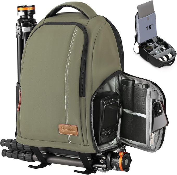 TARION Camera Backpack for Photographers Compact 15L, TB04 Green | 15 Inch Laptop Compartment, Side Access Quick Draw, Anti-theft Hidden Pocket, Tripod Holder, Rain Cover, Travel-Friendly by TARION