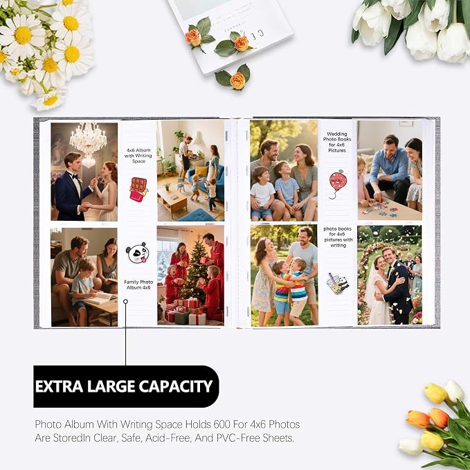 Photo Album 4x6 Vertical 600 Photos with Writing Space, Grey | Linen Cover, Acid-Free Pages, Clear PP Pockets, Memo Writing Space, Front Display Window, Family, Wedding & Travel Memories - Image 3