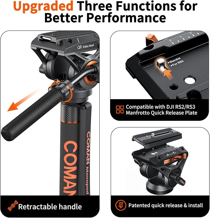 Monopod for Camera, COMAN Camera Monopod with Feet Q6 Fluid Head with Tripod Stand 71.25 inch Max Load 22 Lbs for Photography, Cameras, Canon, Nikon, Sony, DSLR, Video Camcorder - Image 2