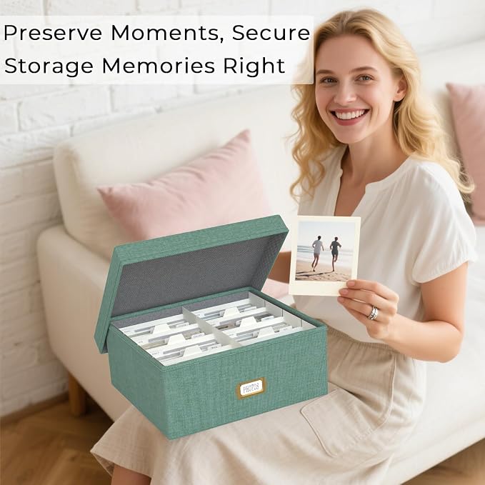 Decorative Photo Storage Box, Linen Photo Box Holds 1700 4x6 Pictures Green | Photo Storage Containers with 8 Dividers, Memory Keepsake Organizer for Photos, Scrapbook Supplies, Cards, Stamps,Archive Box - Image 5