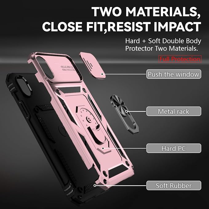 HNHYGETE for iPhone XR Phone Case with HD Screen Protector: [Military Grade 20ft. Drop Tested] Slide Camera Cover Ring Shockproof Protective Phone Case for - iPhone XR (Rose Gold) - Image 4