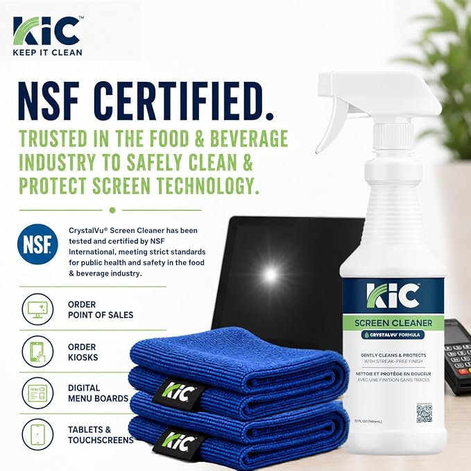 KIC CrystalVu Screen Cleaner Spray Kit (32oz) with 2 Microfiber Cloths | Streak-Free Cleaner, For TV, Phone, Laptop, Monitor & Tablet Screens, NSF Certified Safe Formula - K2-KCVZ1 - Image 6