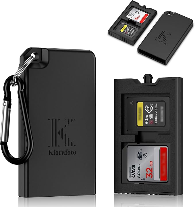 Pop-up Small Memory Card Case Holder for 2 SD SDHC SDXC Cards & 2 CFexpress Type A Cards with Carabiner, Portable Anti-Shock Splash-Proof SD CFA Card Case Storage Protector Organizer Keeper Container by Kiorafoto