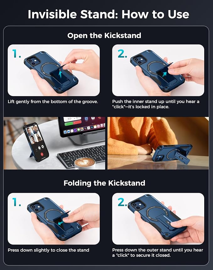 Goton 3 in 1 for iPhone 12 Case with Privacy Screen Protector Blue | Glass Camera Lens Protector,Compatible for MagSafe,Invisible Kickstand, Shockproof Phone Cover for iPhone12 - Image 8