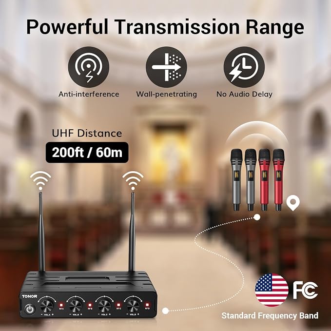 TONOR Wireless Microphones System, Handheld Microfono Inalambrico, Red | 4x10 Channels Cordless Mics, 60 m/200FT UHF Range with Stable Signal Transmission for Karaoke Singing Party Church Wedding - Image 3