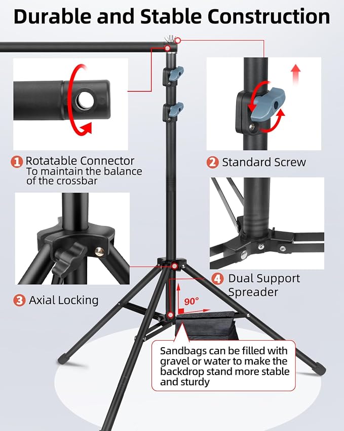 Hemmotop Adjustable Backdrop Stand 10x8.5ft Heavy Duty | With 2 Sandbags, 7 Widths, Assembles to T-Shaped Stand, for Banner, Projector Screen, Balloon, Ideal for Wedding, Birthday - Image 7