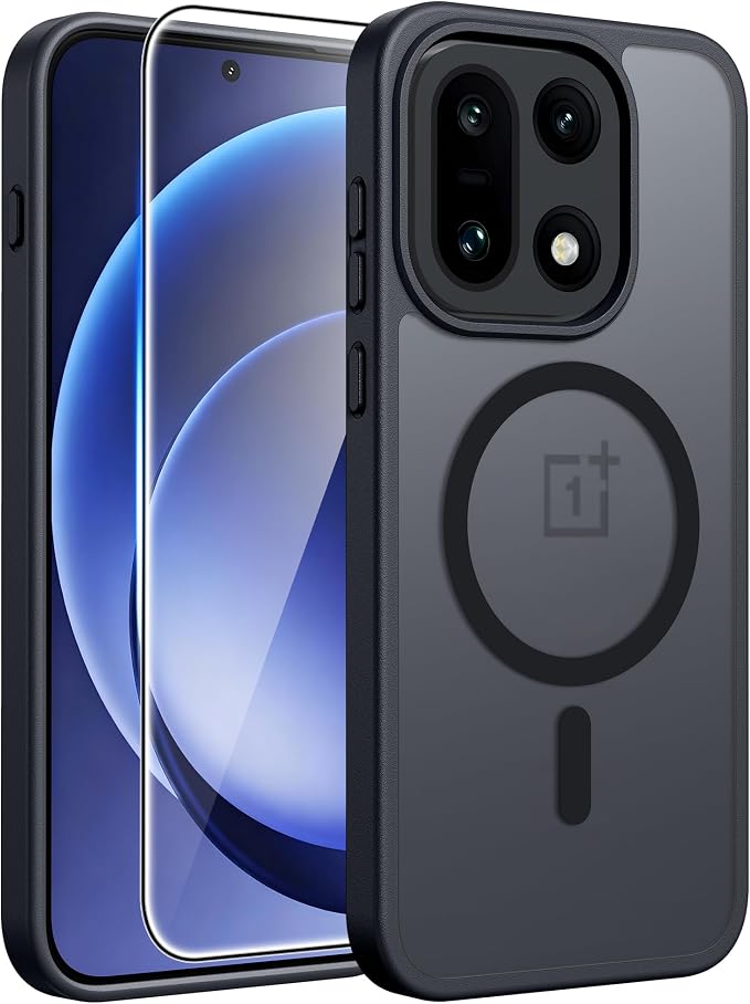FNTCASE for OnePlus 15 Case, Fit for Magsafe, Screen Protector, Black | Translucent Matte Magnetic Back, 14FT Military Grade Drop Protection, Shockproof Protective Phone Cover by FNTCASE