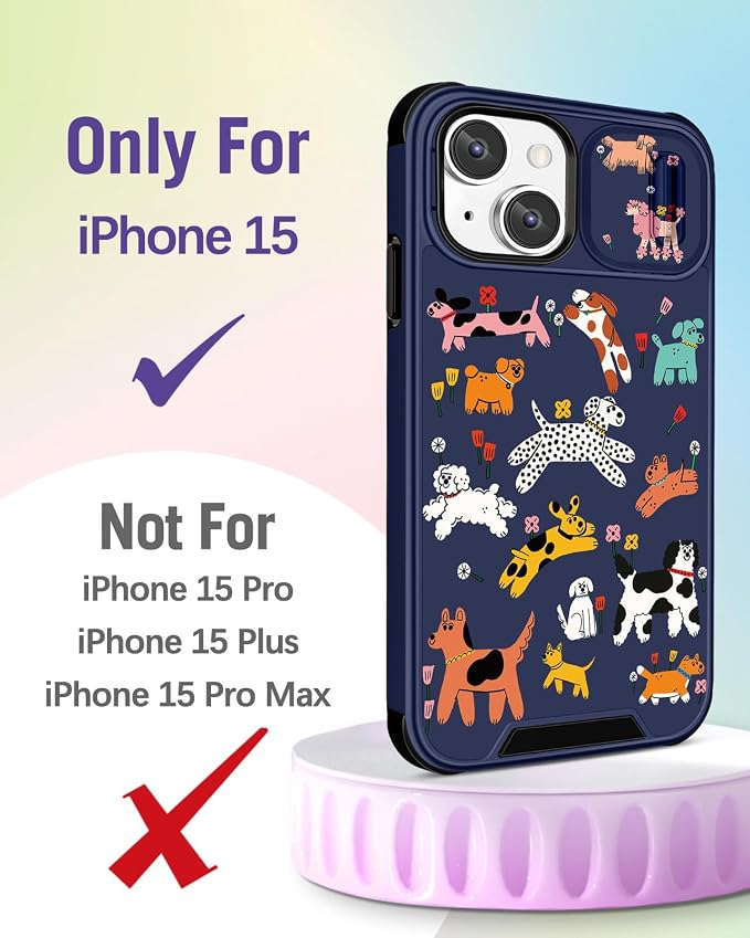Buleens for iPhone 15 Case 6.1 Inch - with Ring Stand & Camera Cover Aesthetic Cute Designed for Women Girls Cartoon Kawaii Dogs for Phone Case for iPhone 15 Compatible with Magsafe - Image 2