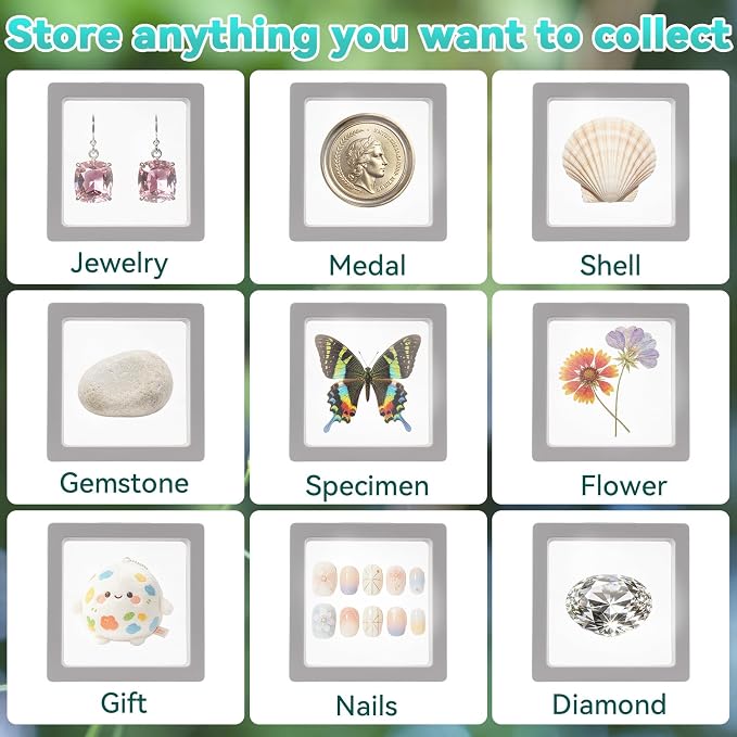 12 Pcs 3D Floating Frame Display Stand, Transparent Jewelry Gift Boxes | 2.75 x 2.75 x 0.8 Inch Small Jewelry Gift Boxes with PE Film, for Earrings Necklaces Rings Coins Specimens Crafts, Gray - Image 6