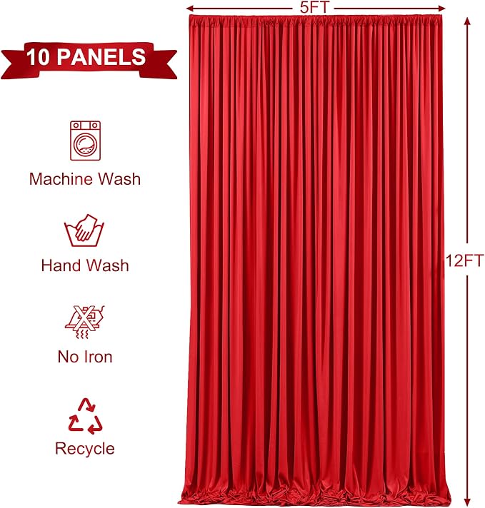 10 Panels Red Backdrop Curtains for Wedding Party Wrinkle Free Backdrops Curtain Drapes Fabric Decorations Photo Back Drop Cloth for Baby Shower Photography Stage Reception 50ft(W) x 12ft(H) - Image 5