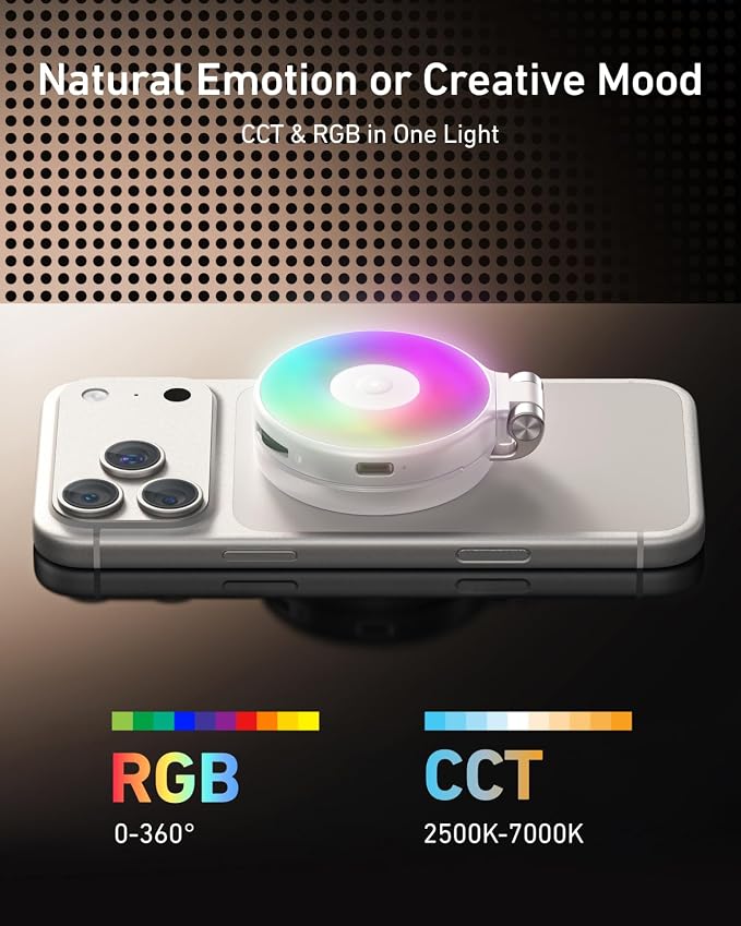 TELESIN Upgraded 4-in-1 Magnetic RGB Selfie Ring Light with Mirror & Phone Stand, Rechargeable Portable Clip On Fill Light for iPhone Samsung TikTok, Vlogging, Makeup, Photography, Streaming (White) - Image 2