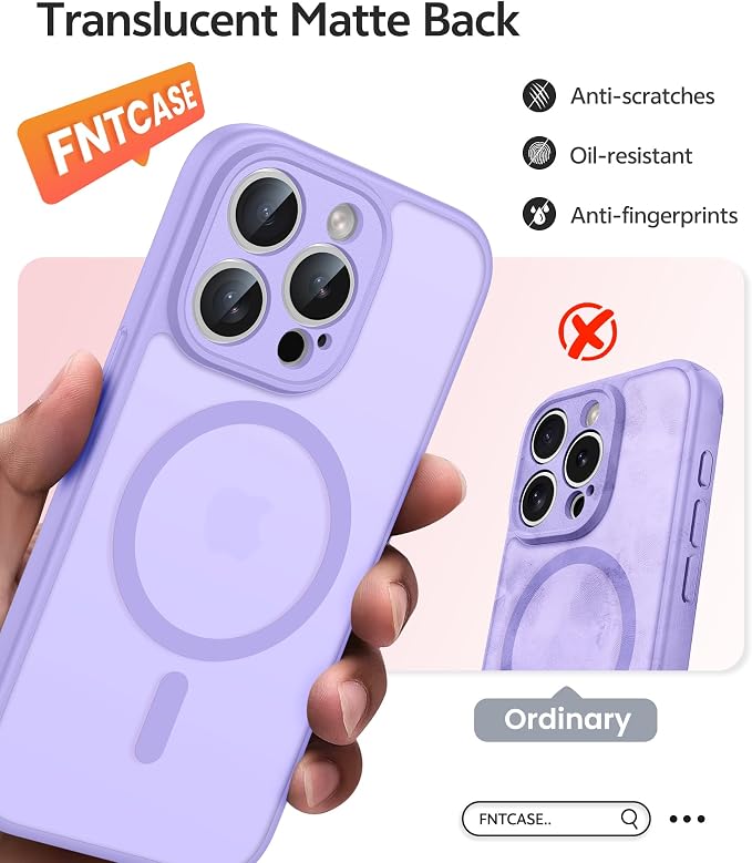 FNTCASE for iPhone 15 Pro Case, Fit for Magsafe, Screen Protector | Full Camera Protection, Translucent Matte, 14FT Military Grade Drop Proof, Shockproof Protective Phone Cover,Light Purple - Image 7