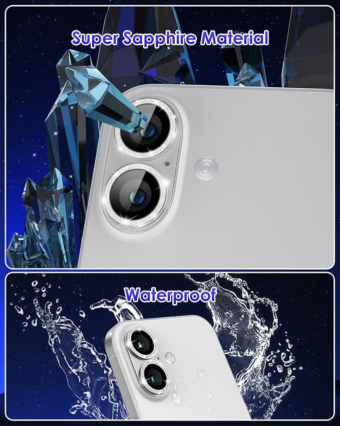 Compatible for iPhone 17 /iPhone 16 /iPhone 16 Plus Camera Lens Protector Glitter, Clear Acrylic Plus Aluminium Alloy Ring 9H Tempered Glass Screen Camera Cover Glitter Silver - Image 5