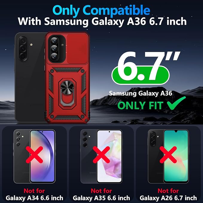 Taisairu for Samsung Galaxy A37 Case/A36 Case with Screen Protector & Slide Camera Lens Cover, Built-in Ring Stand Shockproof Protective Case for Samsung A37 5G Case/Samsung A36 5G Case (Red) - Image 9