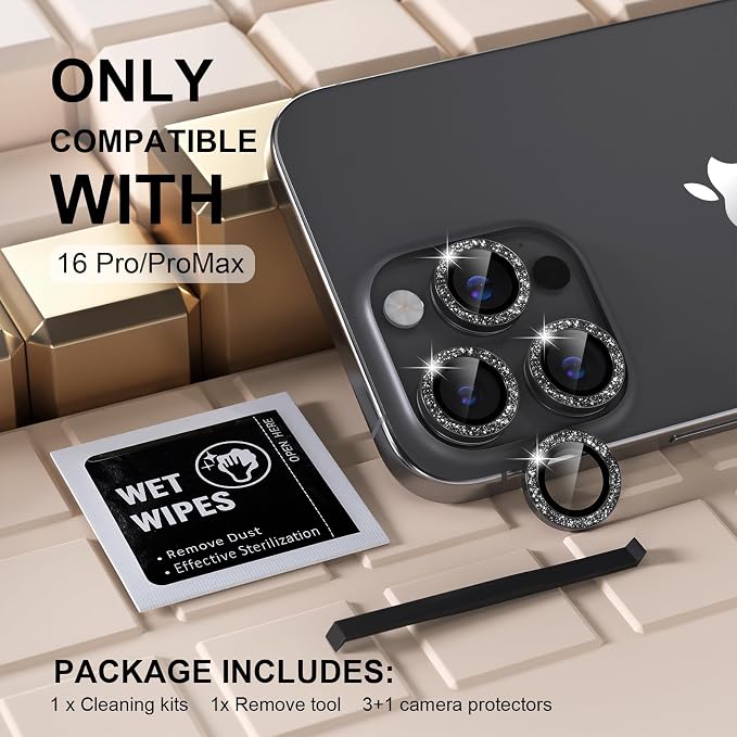Misea Compatible for iPhone 16 Pro/iPhone 16 Pro Max Camera Lens Protector | 9H Tempered Glass Ultra HD Bling Camera Screen Protector Cover Metal Individual Ring Decoration Accessories, Black Glitter - Image 2