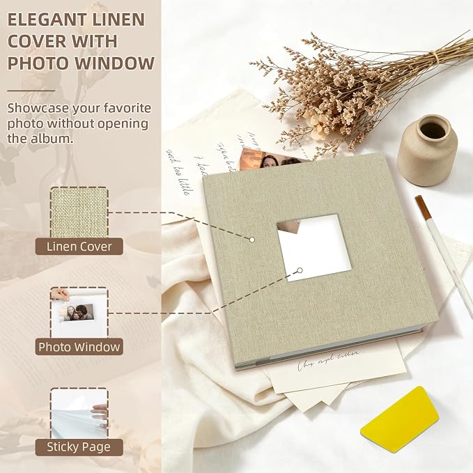 Popotop Photo Album Self Adhesive with Picture Display Window,40 Pages DIY Scrapbooking Supplies Kit for 4x6 10x12 Picture,Linen Cover Memory Book for Baby Wedding, with Scraper and Metallic Pen - Image 3