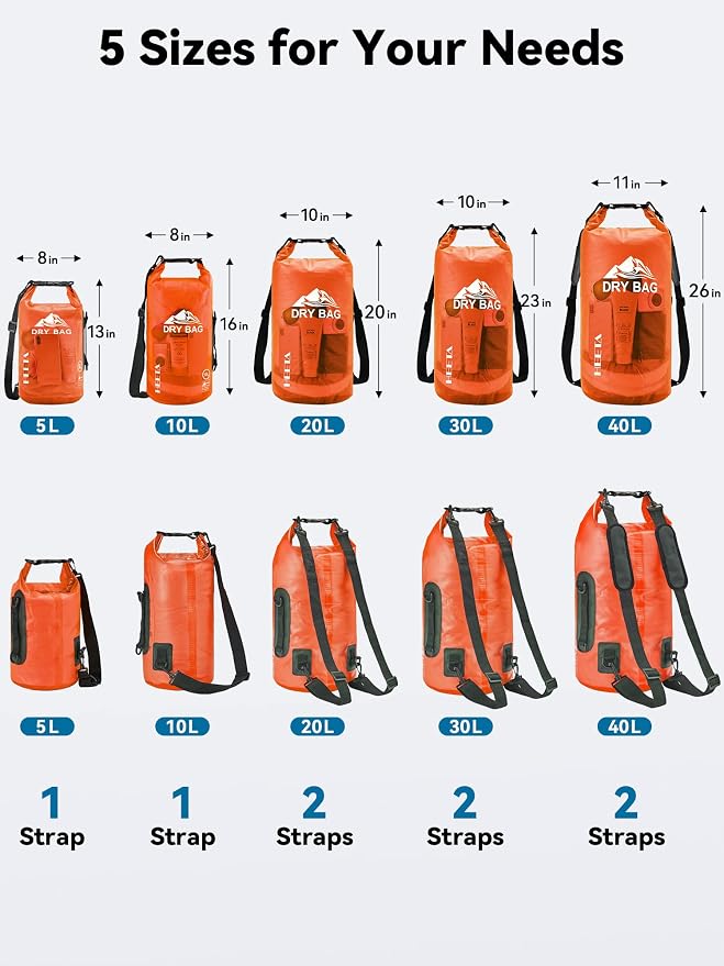 HEETA Dry Bag Waterproof Backpack with Phone Case 5L/10L/20L/30L/40L | Roll Top Lightweight Dry Storage Bag for Women Men, Travel Boating Kayaking Paddle Board Camping Beach Essentials Accessories - Image 2