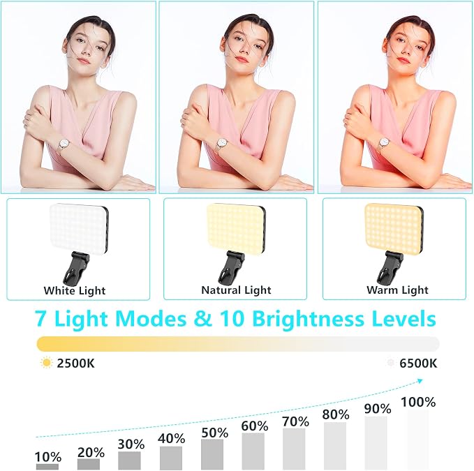Anautin 60 LED 2200mAh Rechargeable Selfie Light, 7 Modes, 10-Level Brightness, Portable Clip on Light for Phone/Tablet/Laptop, Zoom Call Vlog Makeup TikTok Video Fill Light - Image 3