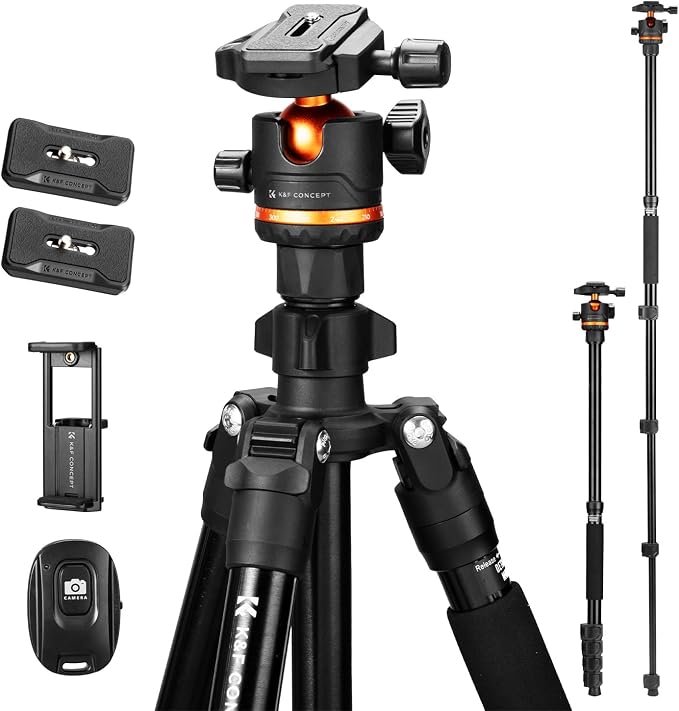 K&F CONCEPT 76" Travel Tripod for Camera | 360° Ball Head w/ Phone Holder, 17.6lbs Max Load, Detachable Monopod, Compact Tripod for DSLR/Phone, O275A5+BH-36 by KFCONCEPT