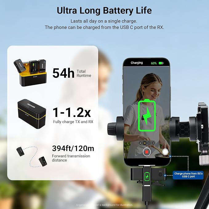NEEWER CM26 MAX AI Wireless Lav Mic Compatible with iPhone 17 16 15 Android Camera PC, USB C Plug & Play App Control, 2 Level Noise Cancellation, 50h Total Battery, 120m Range, Apple MFi Certified - Image 8
