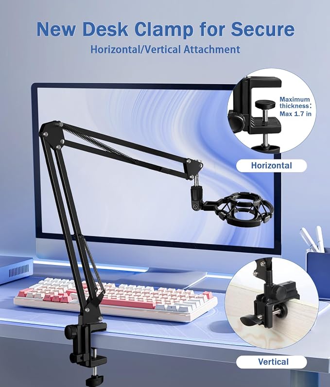 Versatile Boom Arm Stand for Desk, Adjustable Microphone Stand Kit | With Pop Filter, Shock Mount, Microphone Clip, Cable Ties, Table clamp to allow for horizontal and vertical fixing - Image 2