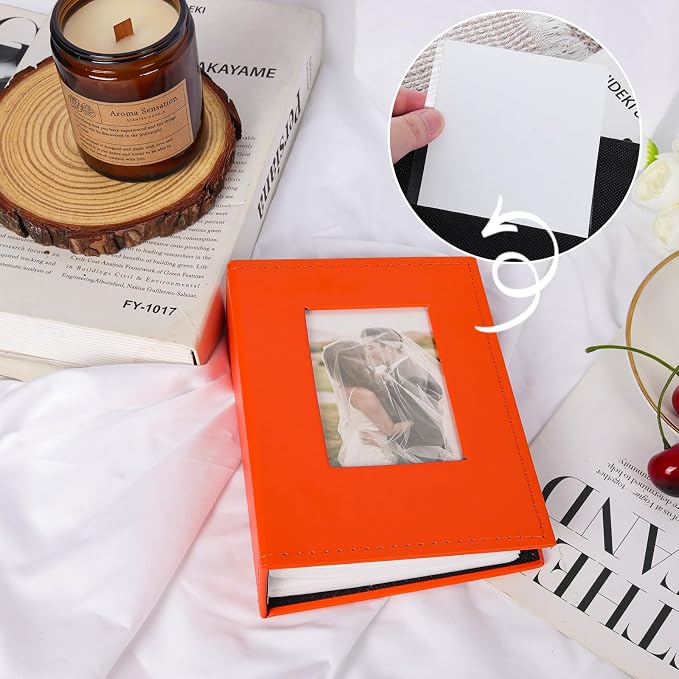RECUTMS Small Photo Album 4x6 52 Pockets Leather Album for Family Orange | White Pages, Hold 52 Vertical Photos, Mini Albums for Baby Vacation, Travel Wedding Pictures Book with Front Window, Portable - Image 3
