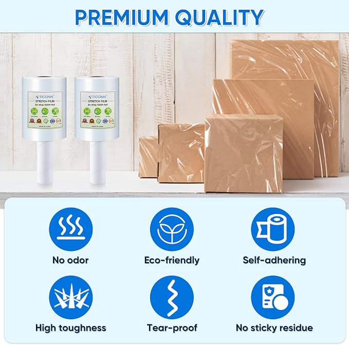 TICONN Stretch Wrap Stretch Film Roll, 1000ft Industrial Strength 5 inch Wide Clear Plastic Wrap with Handles for Pallet Wrapping Shipping Moving - Image 2