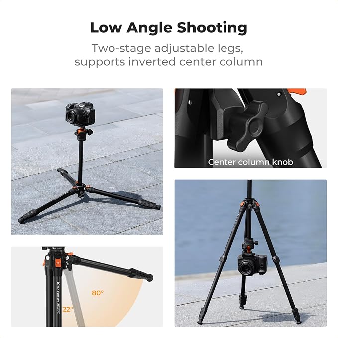 K&F CONCEPT 63" Aluminum Travel Tripod for Camera | Lightweight Compact Tripod Weighs 2.6lb, Max Load 22lb for Camera DSLR Mirrorless Camcorders Phone, O235A1+BH-40 - Image 5