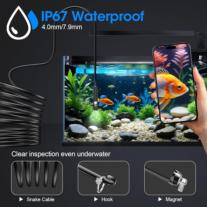 Endoscope with Light, 1920P HD Borescope with 8 Adjustable LED Lights, Semi-Rigid Snake Camera, IP67 Waterproof Inspection Tool (16.4ft, Black Harness + Dual Lens) - Image 5