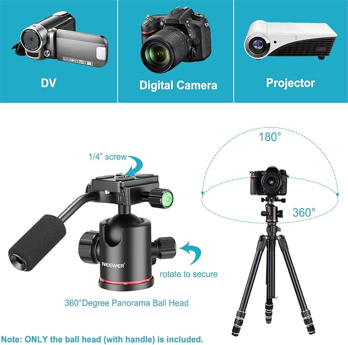 NEEWER Heavy Duty Camera Tripod Ball Head with Handle, 1/4 inch Quick Plate | 360 Degree Panoramic Head for Tripod, Monopod, Slider, DSLR Camera, Camcorder, Load up to 17.6 pounds/8 kilograms - Image 4