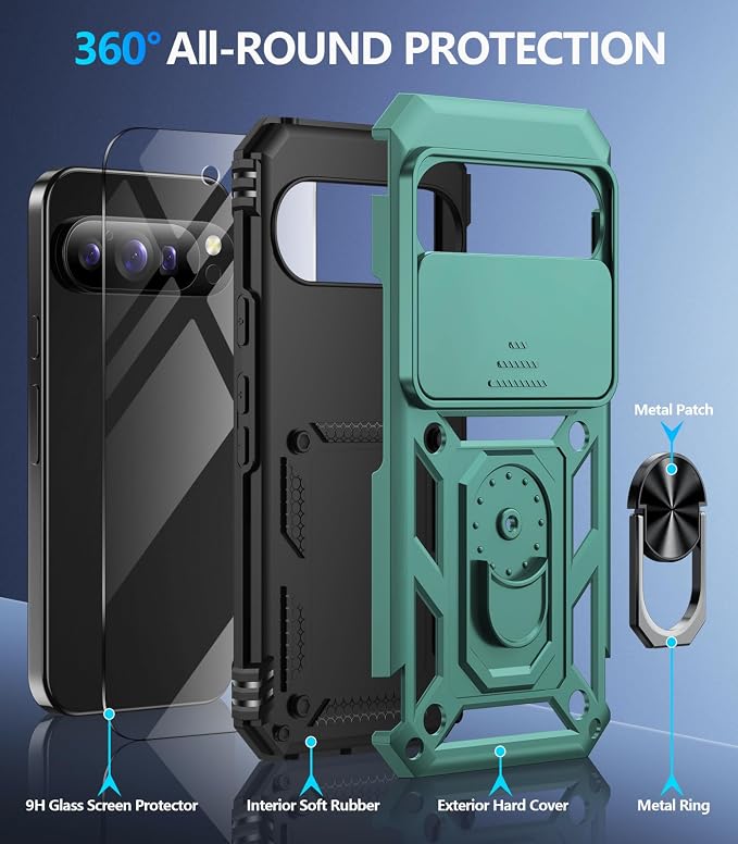 Taisairu for Google Pixel 10 Case/Pixel 10 Pro Case with Screen Protector & Slide Camera Lens Cover,Built-in Ring Stand Protective Phone Case for Pixel 10 Case/Google Pixel 10 Pro Case (Green) - Image 2