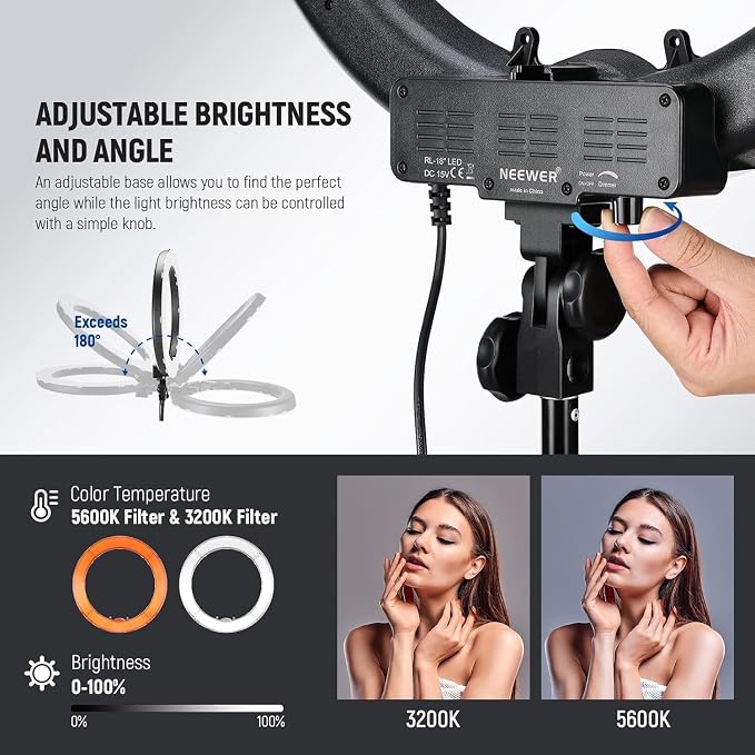 NEEWER Ring Light 18inch Kit: 55W 5600K Professional LED with Stand and Phone Holder, Soft Tube & Bag for Tattoo Lash Extension Barber Makeup Artist Studio Video Photography Lighting, RL-18 - Image 4