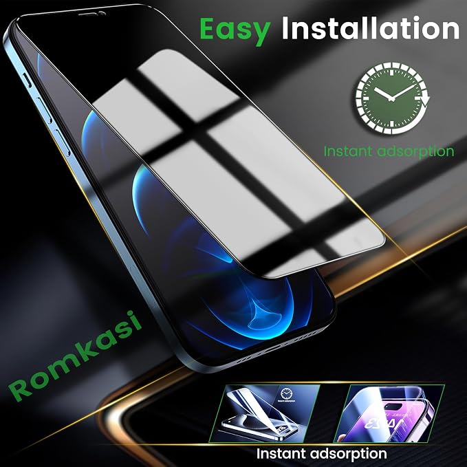 Romkasi 3 Pack Privacy Screen Protector for iPhone 12 Pro Max 6.7 Inch with 3 Pack Camera Lens Protector, Anti Spy Tempered Glass Film, Anti-Scratch, Touch Sensitive, Case Friendly - Image 7