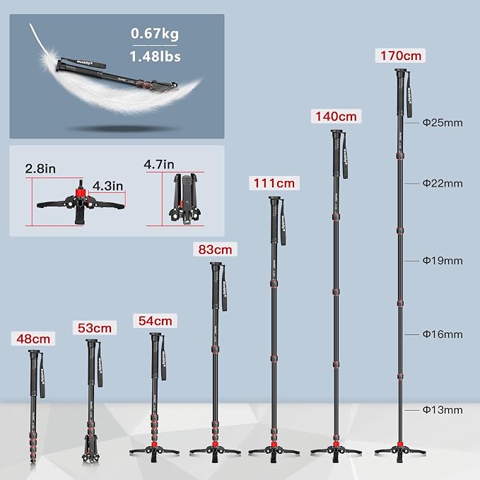 Extendable Camera Aluminum Monopod with Feet,Portable Travel Monopod with Removable Tripod Stand Base for DSLR Canon Nikon Sony Video Camcorder,5 Sections up to 67-in,Max Load 15.5 Lbs（A-222） - Image 5