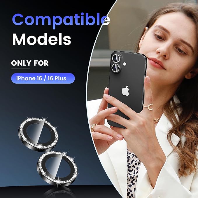 Tensea for iPhone 16/16 Plus Camera Lens Protector Bling, Camera Cover | 9H Tempered Glass Camera Screen Protector, Metal Individual Ring for iPhone16 6.1inch/ 16Plus 6.7inch, HD Clear, Easy Install - Image 2