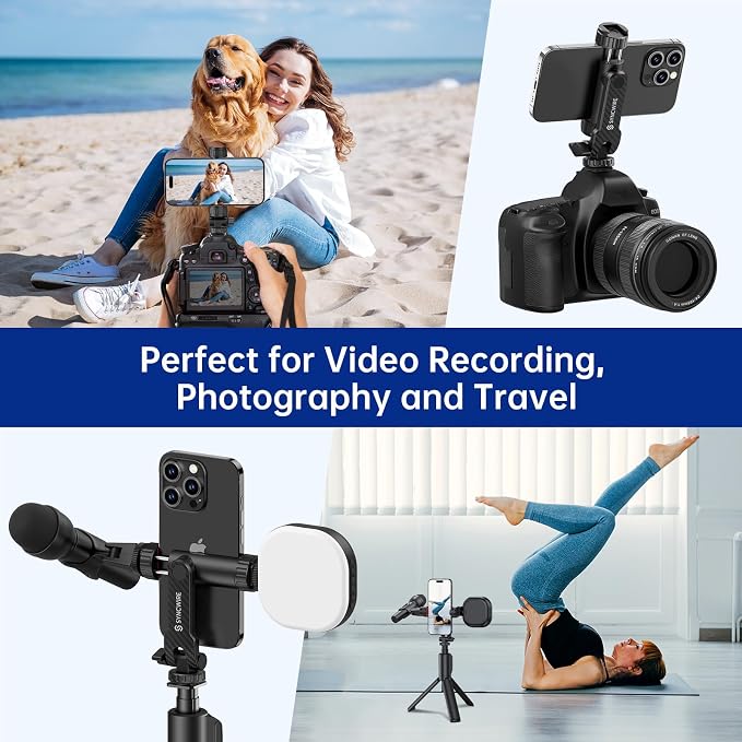 SYNCWIRE Tripod Phone Mount, Universal Smartphone Mount Adapter with 2 Cold Shoe and 1/4" Screw, 360° Rotates and 180° Tilts Adjustable Cell Phone Clamp Holder for Enhancing Mobile Photography Setup - Image 6