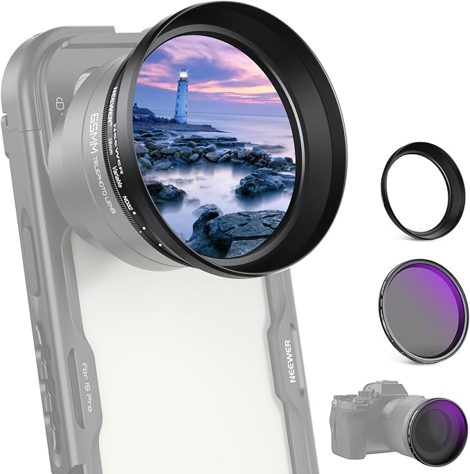 NEEWER 58mm Variable ND Filter with 62mm Lens Hood, ND2-32 Adjustable Neutral Density Filter Compatible with iPhone Android Samsung NEEWER 65mm Telephoto Phone Lens by Neewer
