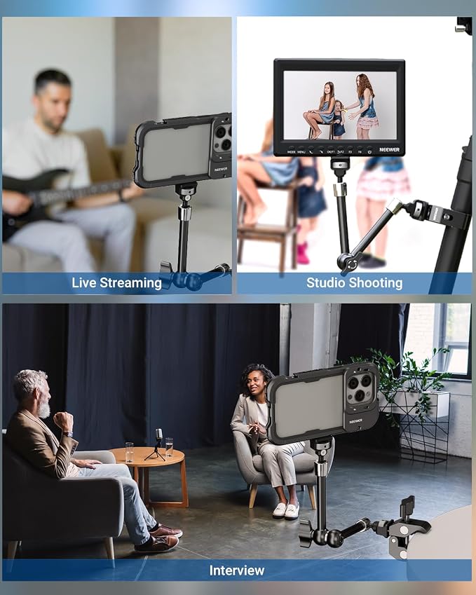 Neewer 11" Articulating Magic Arm Clamp Mount with Super Clamp, Camera Monitor Mount with 1/4" 3/8" ARRI Locating Pins & Holes for DSLR Action Camera Video Light Compatible with SmallRig Cage, ST16C - Image 9