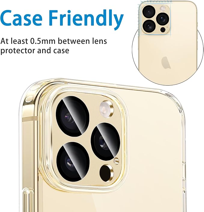 Camera Lens Protector for iPhone 14 Pro/iPhone 14 Pro Max Metal Camera Cover Film, 9H Tempered Glass, Anti-Scratch, Case Friendly - Gold - Image 6