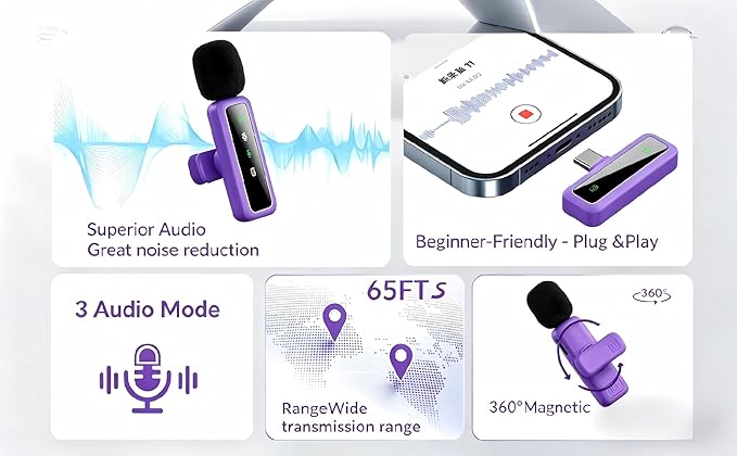 Wireless Lavalier Microphone for iPhone - iPad, Android Phone Computer, Mini Microphone for Live Streaming, Video Recording, Outdoor or Indoor Interviews, YouTube, TikTok, Vlog (Purple) - Image 3