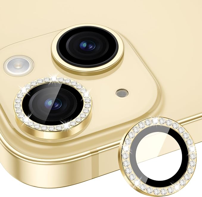 for iPhone 15/15 Plus Camera Lens Protector Bling Diamond, Yellow | Individual Metal, 9H Hardness, Scratch Resistant, Shockproof, Drop Protection, Case Friendly, Stylish Accessories by Xfilm