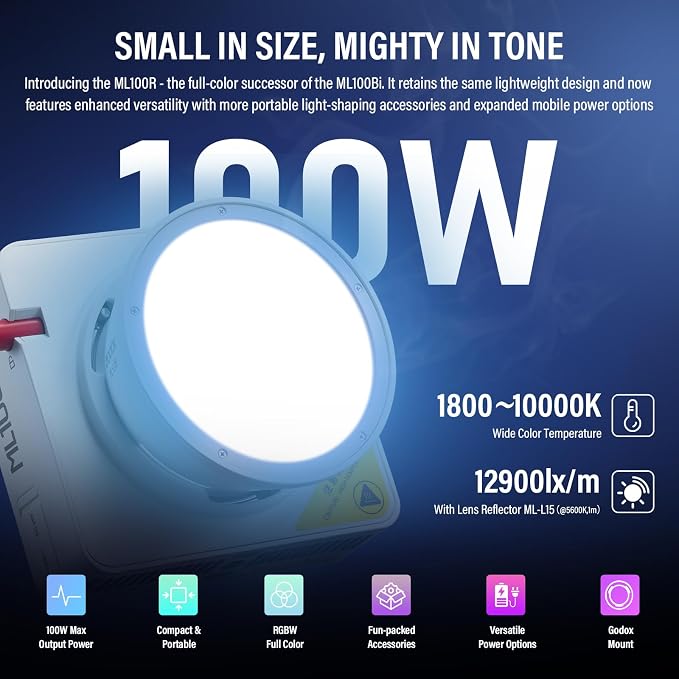 Godox ML100R RGB LED Video Light with 25600mAh Grip/Light Stand/Softbox | 110W Full-Color 1800K-10000K CRI 97+/TLCI 98+ 14 FX Effects Support APP Control for Live Streaming/Outdoor - Image 7
