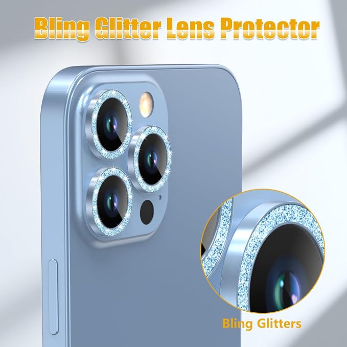 AGVEE 3+3 6 Pack for iPhone 13 Pro & Max Camera Lens Protector Cover | Individual Bling Diamond & Bling Glitter Sparkle Cute Gem Metal Ring, 9H Tempered HD Glass - Image 5