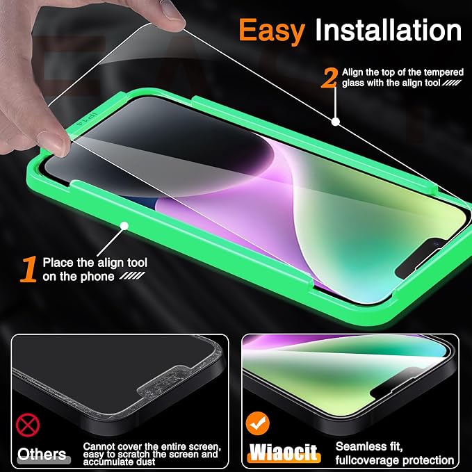 Wiaocit Tempered Glass Screen Protector for iPhone 14 | 3+3 Pack, 9H Hardness, Camera Lens Protector, Installation Frame, Bubble Free, Case Friendly - Image 2
