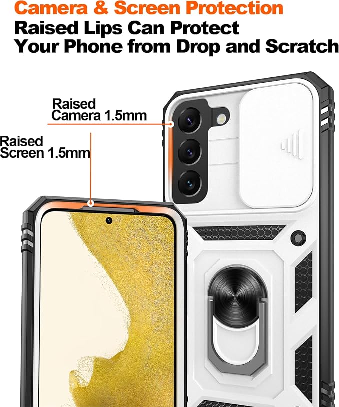 Gritup for Samsung Galaxy S22 Case with Screen Protector*2, Galaxy S22 Case Build in 360° Rotating Ring Kickstand, Military Grade Protective Cover for Galaxy S22 Phone, White+Black - Image 5