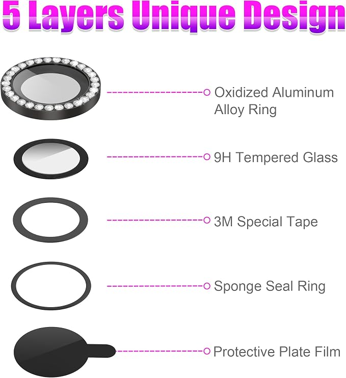 AGVEE 3+3 6 Pack for iPhone 12 Pro Max Camera Lens Protector Cover | Individual Bling Diamond & Bling Glitter Sparkle Cute Gem Metal Ring, 9H Tempered HD Glass - Image 7