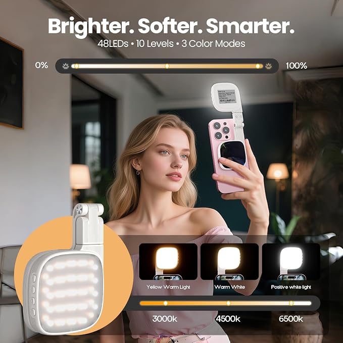 Magnetic Selfie Light, 3 Color Modes, 1000mAh Foldable & Rotatable Fill Light, Compatible with iPhone 11-17 Series, Samsung, MagSafe, White - Image 3
