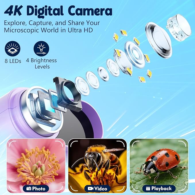 Odatay 2.4" 4K 1000X Digital Kids Microscope with 32G Card 12 Slides Purple | Long Distance Viewing, Portable Handheld Edu Gift Toys for Age 3-12, Exploring Bugs Plants at Home Classroom & Outdoor Travel - Image 3